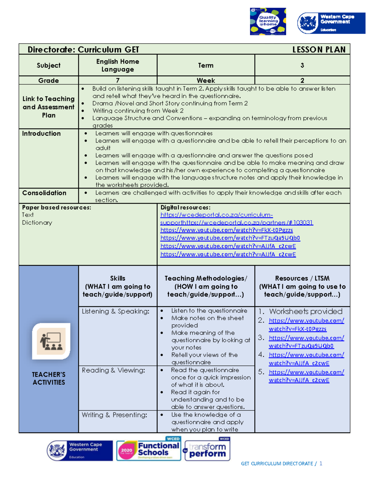 Lesson Plan GET SP Grade 7 English HL - Directorate: Curriculum GET ...