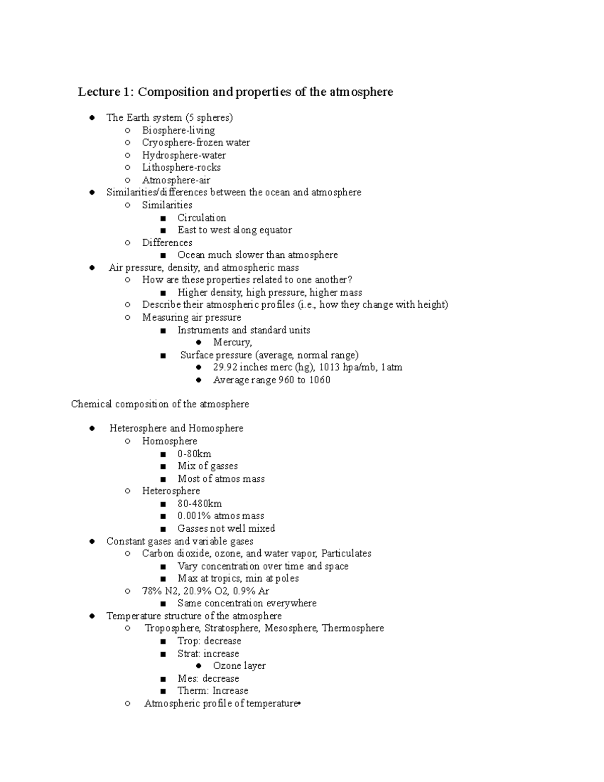 Final review notes - Lecture 1: Composition and properties of the ...