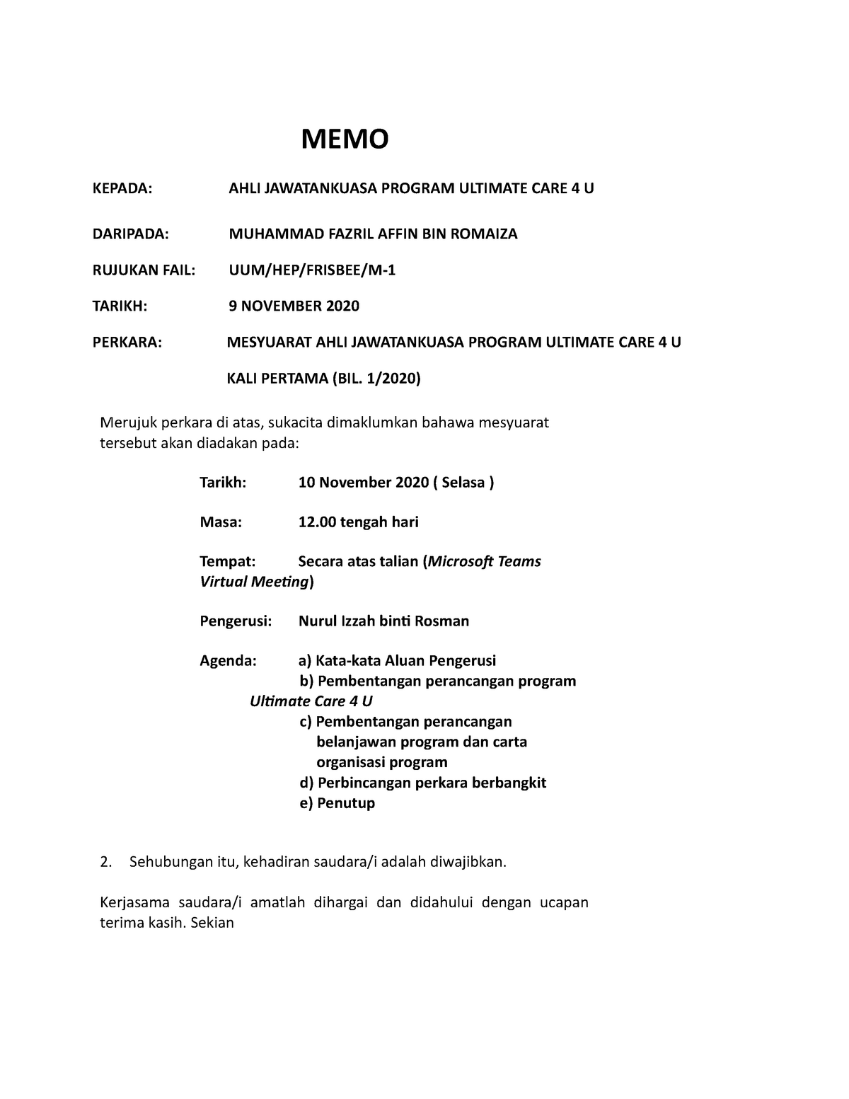 MEMO Kelab- Learn How To Make Meeting Memo - MEMO KEPADA: AHLI ...