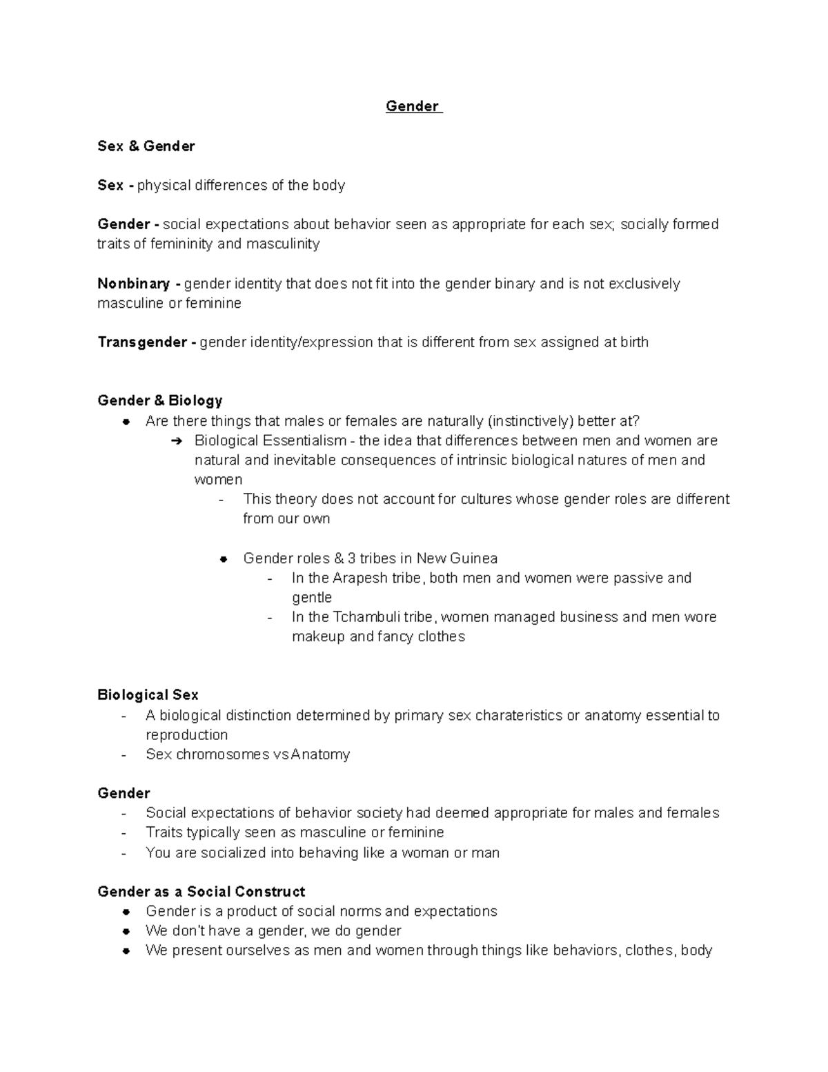 Chapter 10 - Gender Sex & Gender Sex - physical differences of the body ...