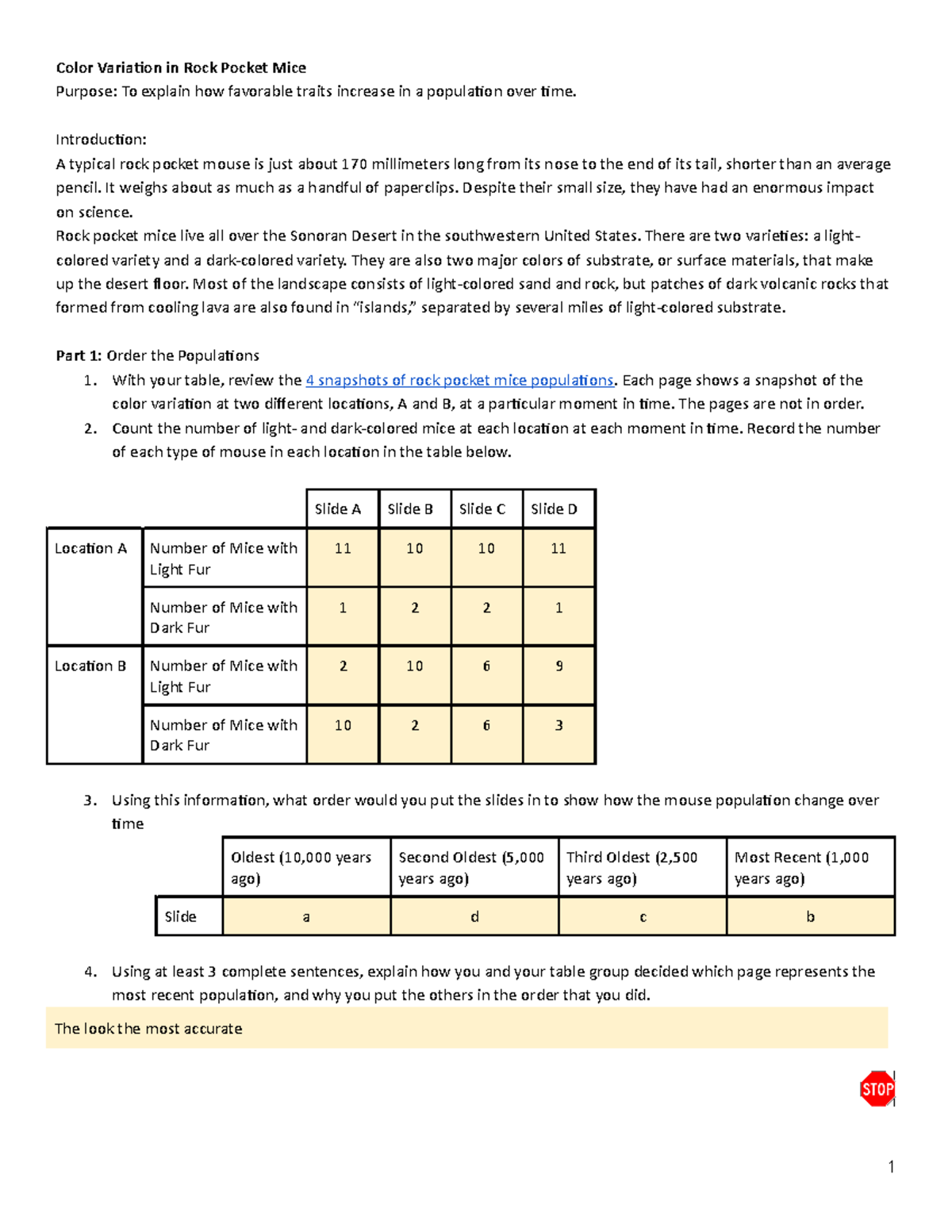 Rock Pocket Mouse Worksheet