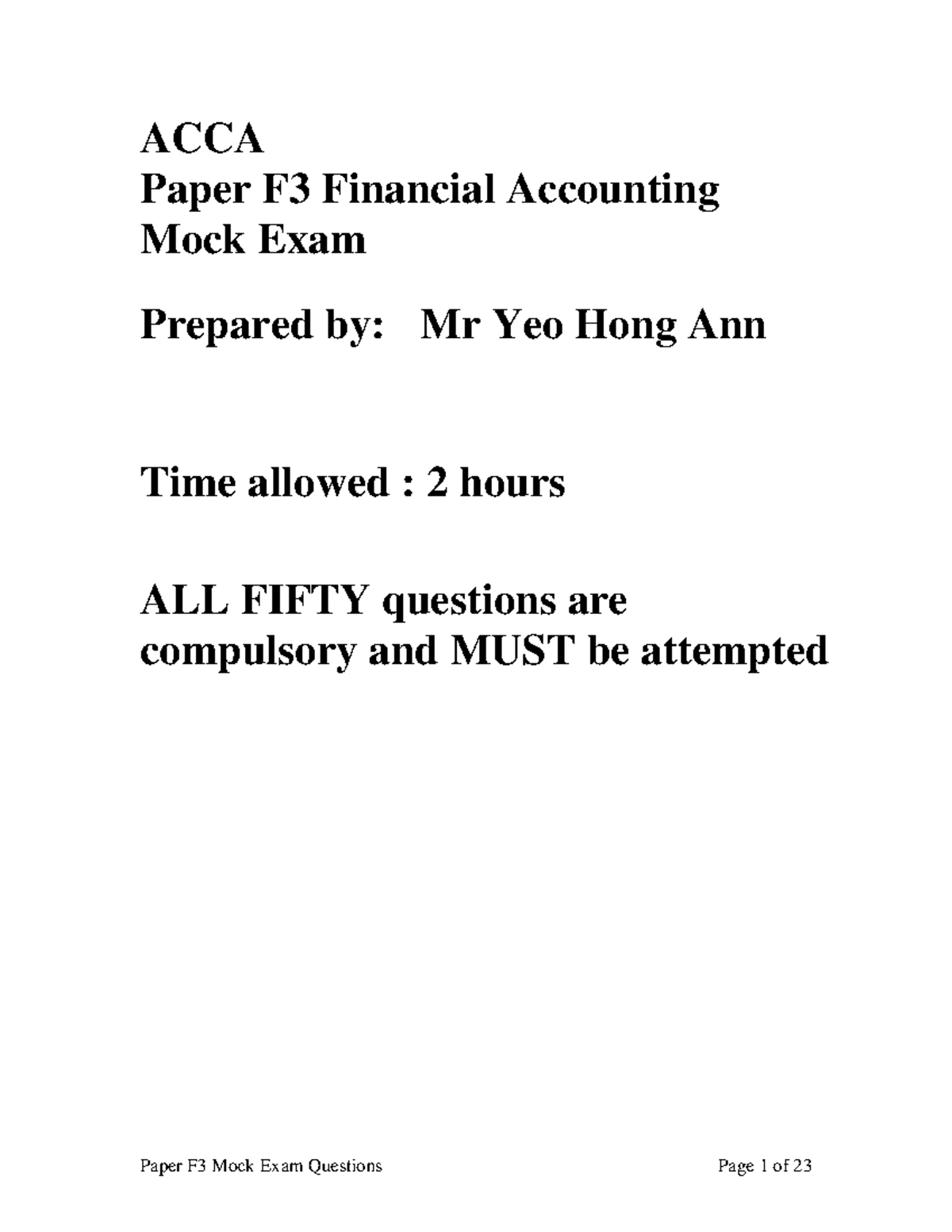 acca f3 mock exam example sample paper - ACCA Paper F3 Financial ...
