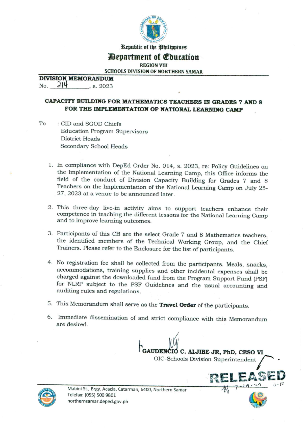 DM 214 s 2023 Dep Ed Memorandum Region VIII Division of Northern