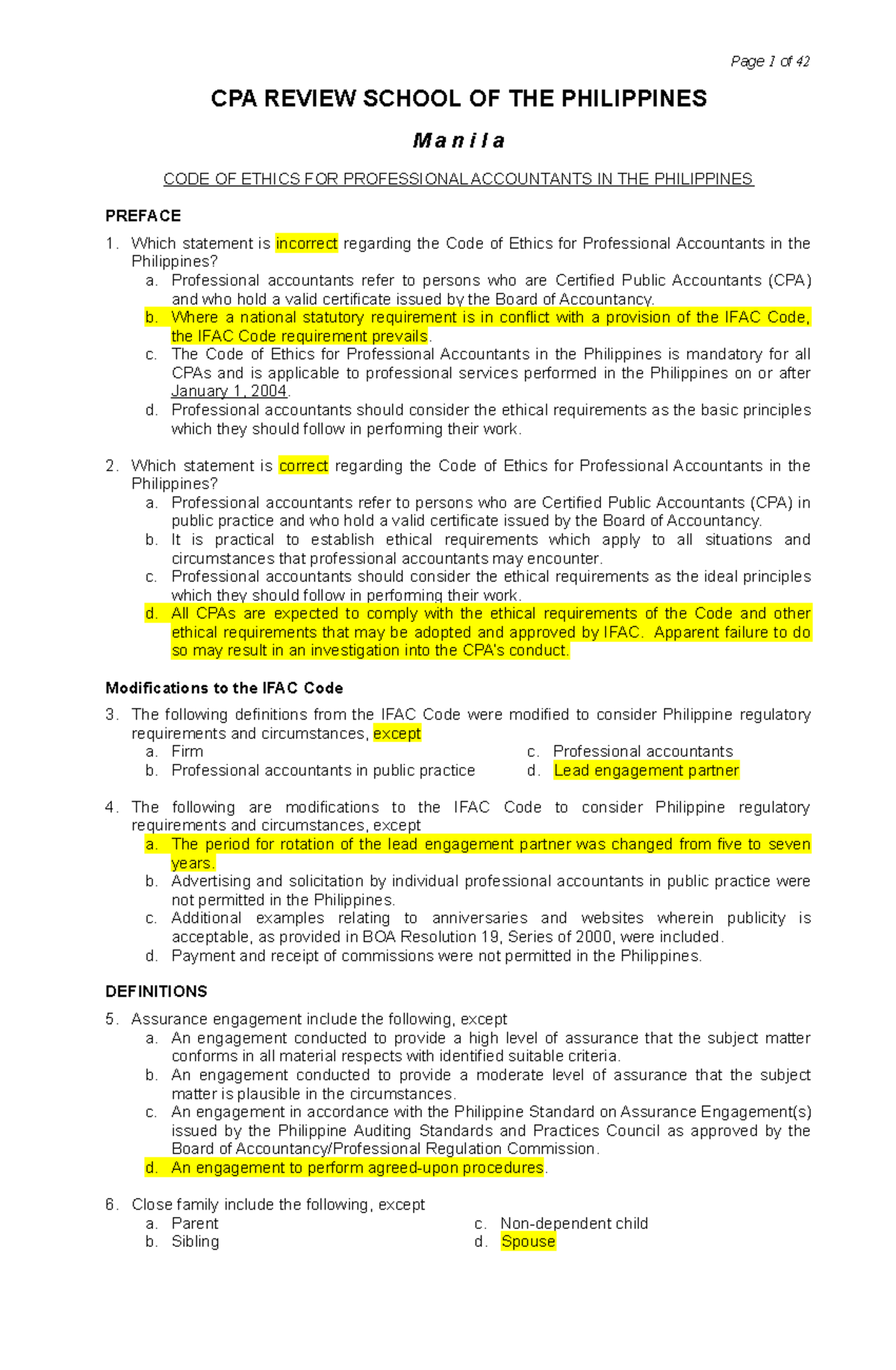 140 Prelim Code of Ethics - BS accountancy - Studocu