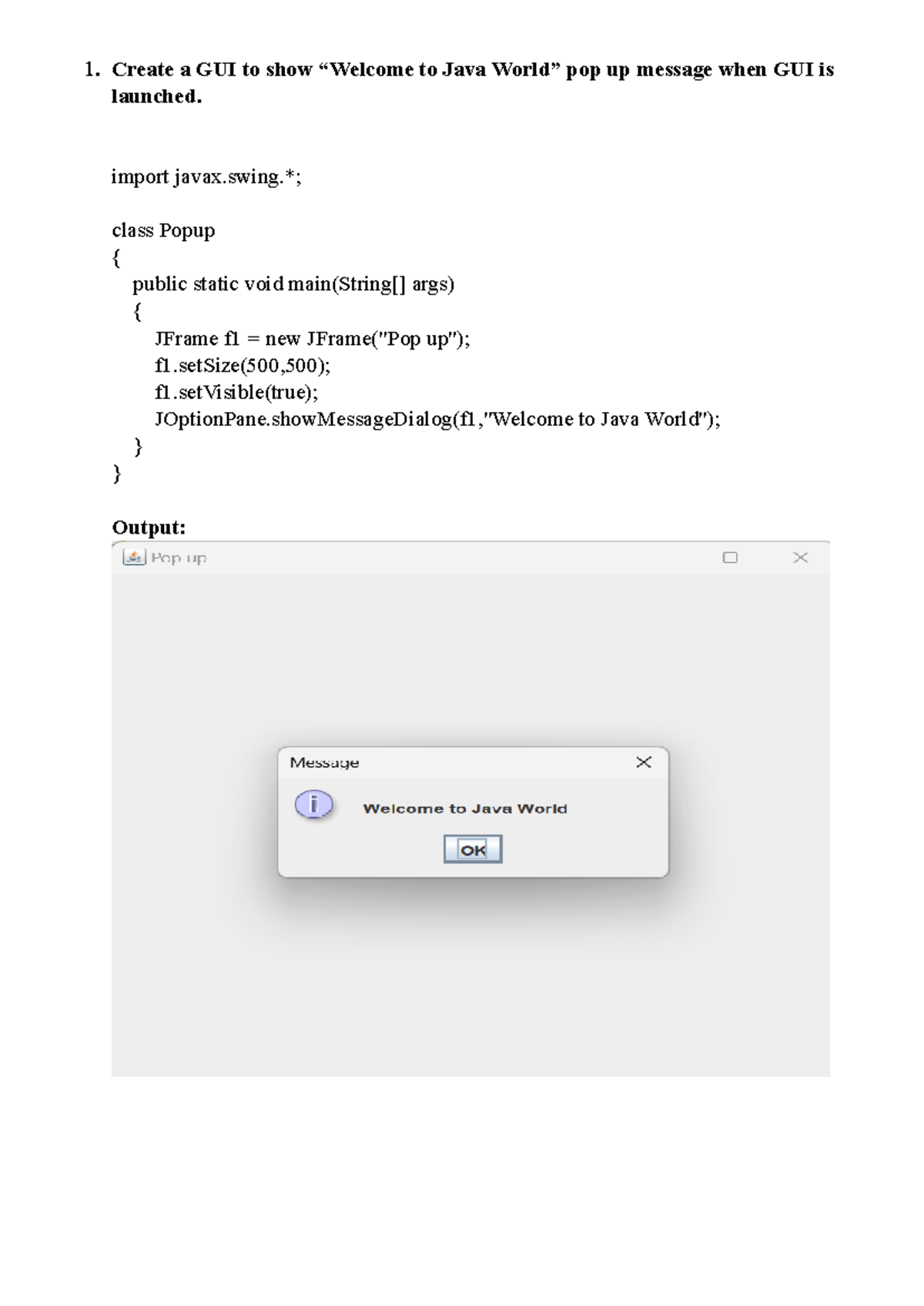 Lab 1 - Java Notes with questions - Create a GUI to show “Welcome to ...