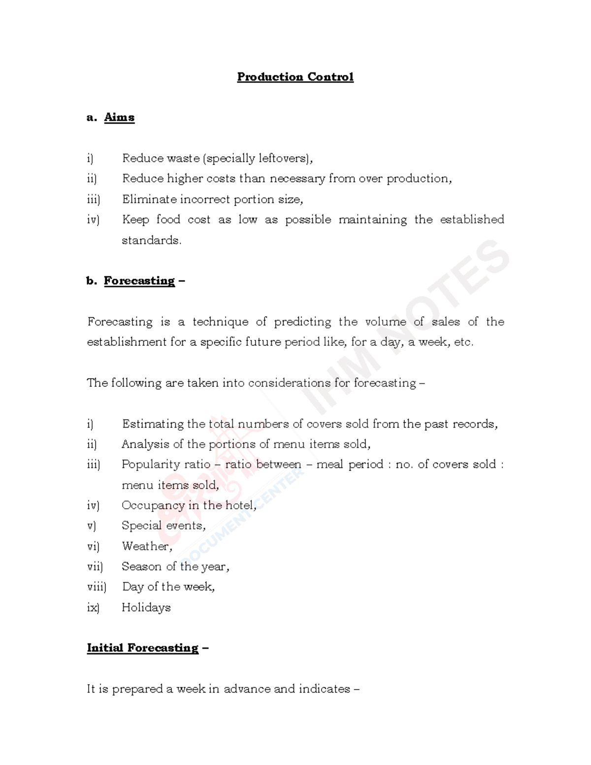7. Production Control - Production Control a. Aims i) Reduce waste ...