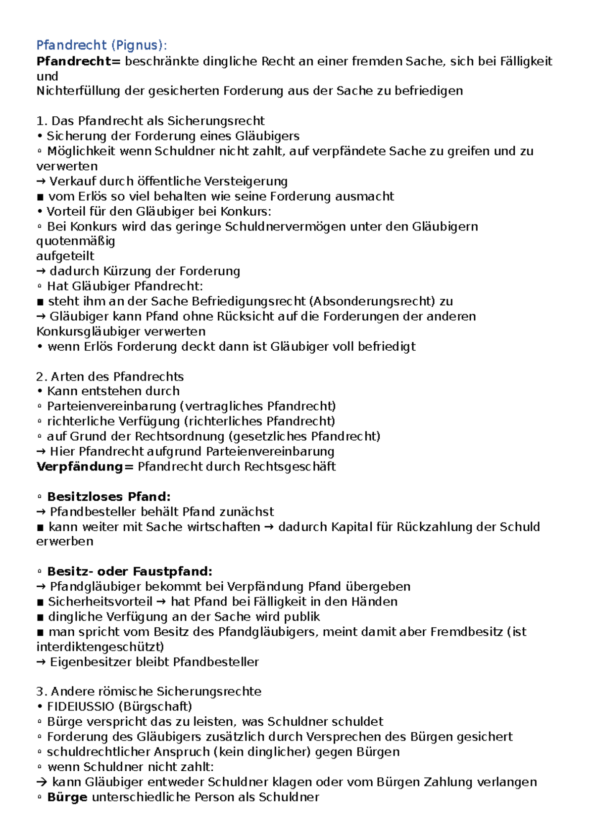 XII Zusammenfassung Pfandrecht - Pfandrecht (Pignus): Pfandrecht ...
