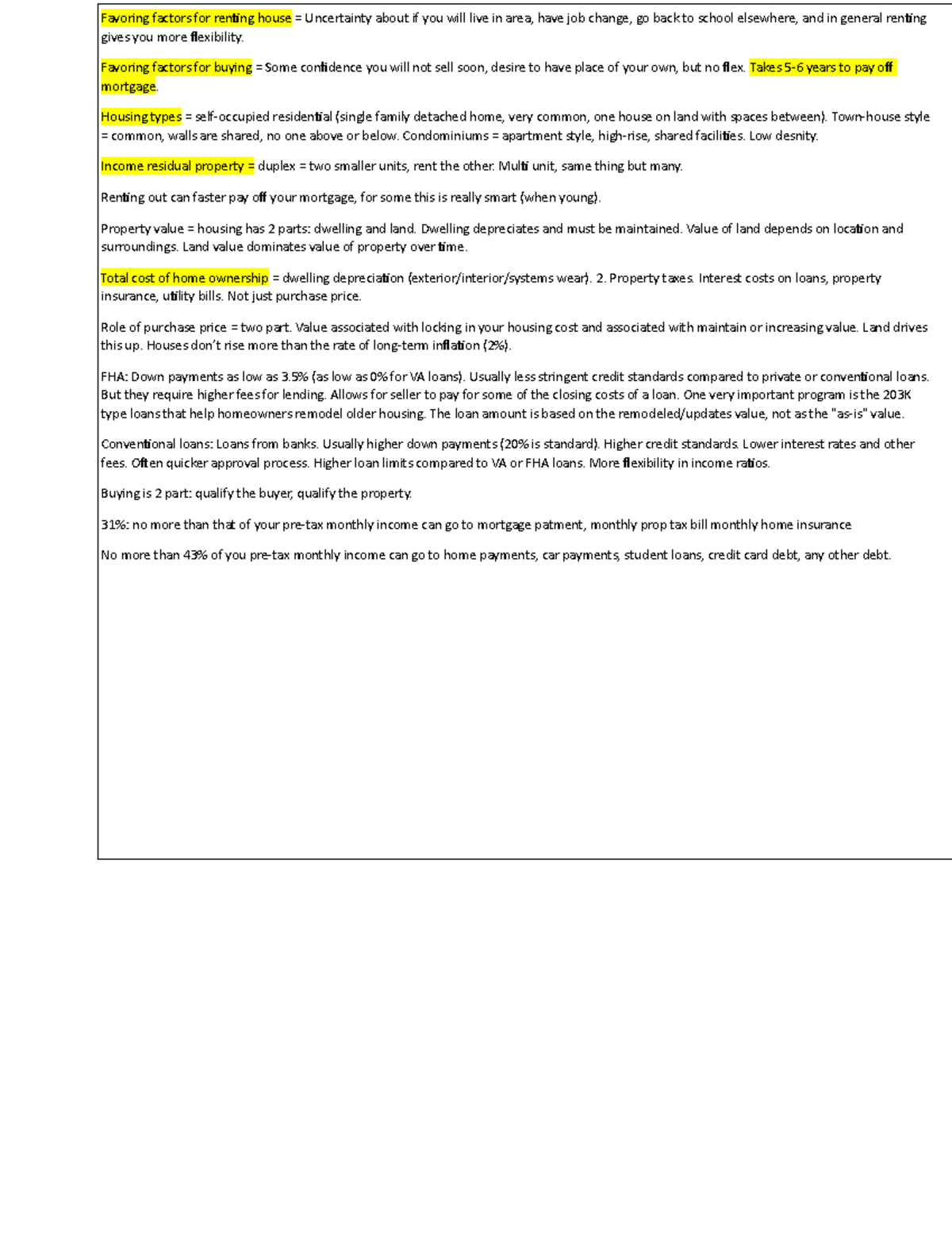 FIN101 Housing Notes - Favoring factors for renting house = Uncertainty ...