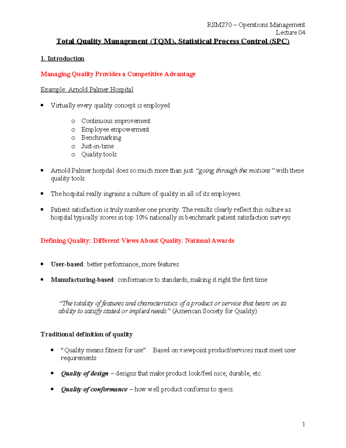 04Lecture-TQM - 270 notes - RSM270 – Operations Management Lecture 04 ...