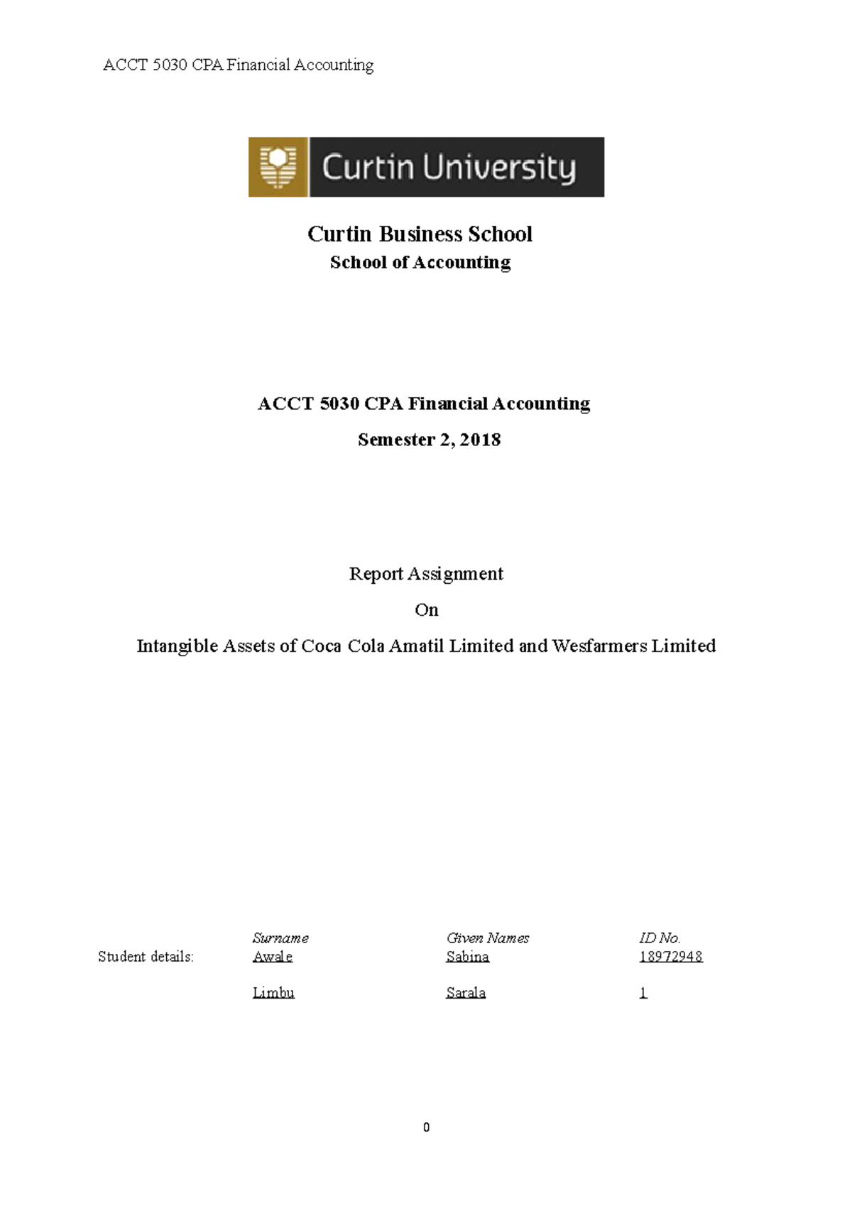 Report Assignment-FR - Curtin Business School School of Accounting ACCT ...