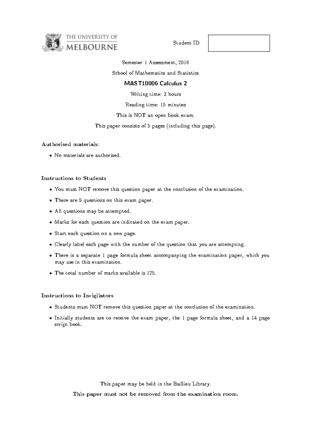 Exam June 2016, questions - ! Student ID Semester 1 Assessment, 2016 ...