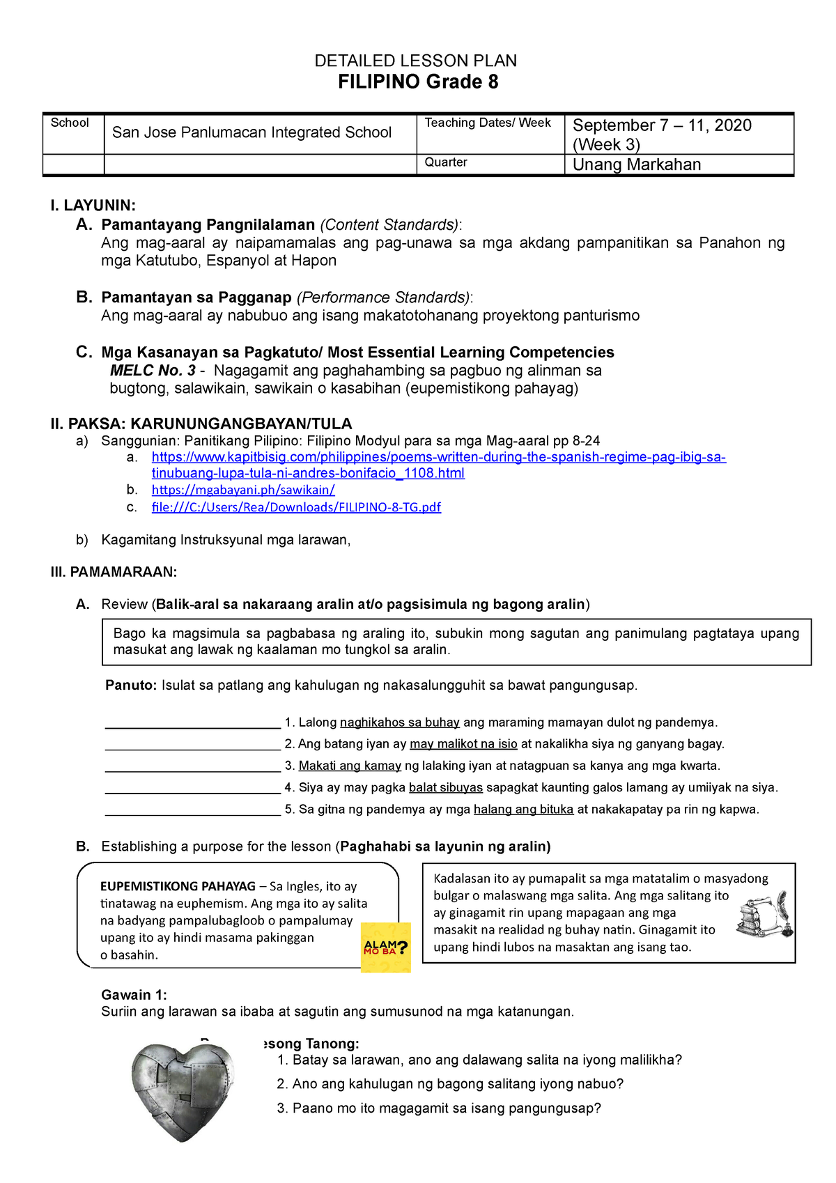 479354094 Detailed Lesson PLAN Week 2 Filipino 8 Doc - DETAILED LESSON ...