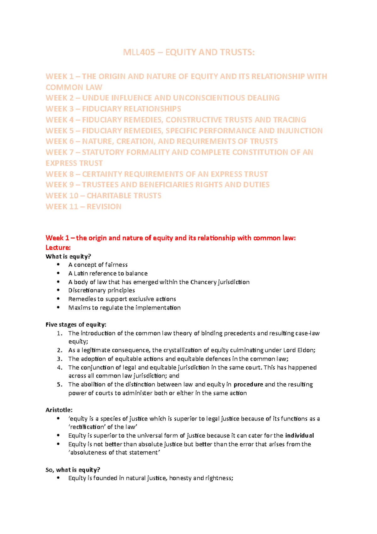MLL405 notes - MLL405 – EQUITY AND TRUSTS: WEEK 1 – THE ORIGIN AND ...