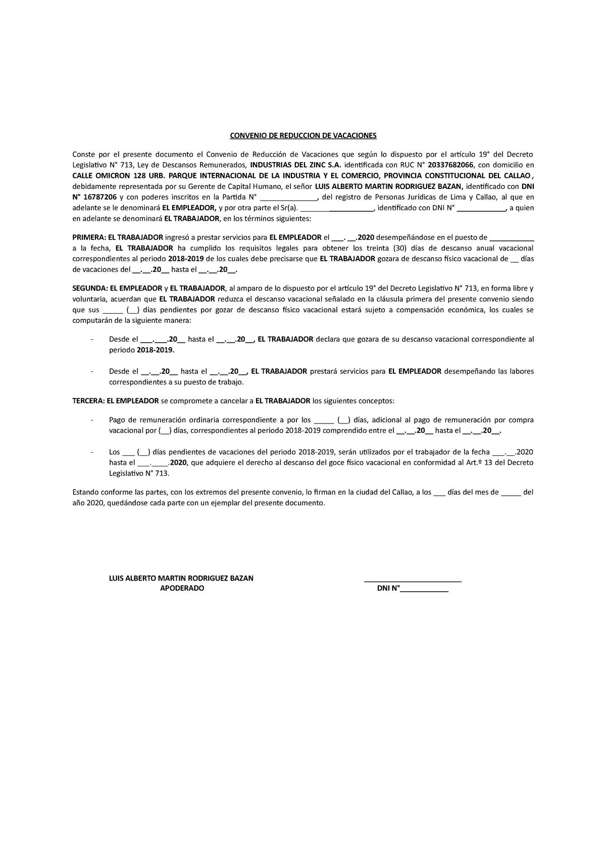 Convenio DE Reduccion DE Vacaciones - Modelo - CONVENIO DE REDUCCION DE  VACACIONES Conste por el - Studocu