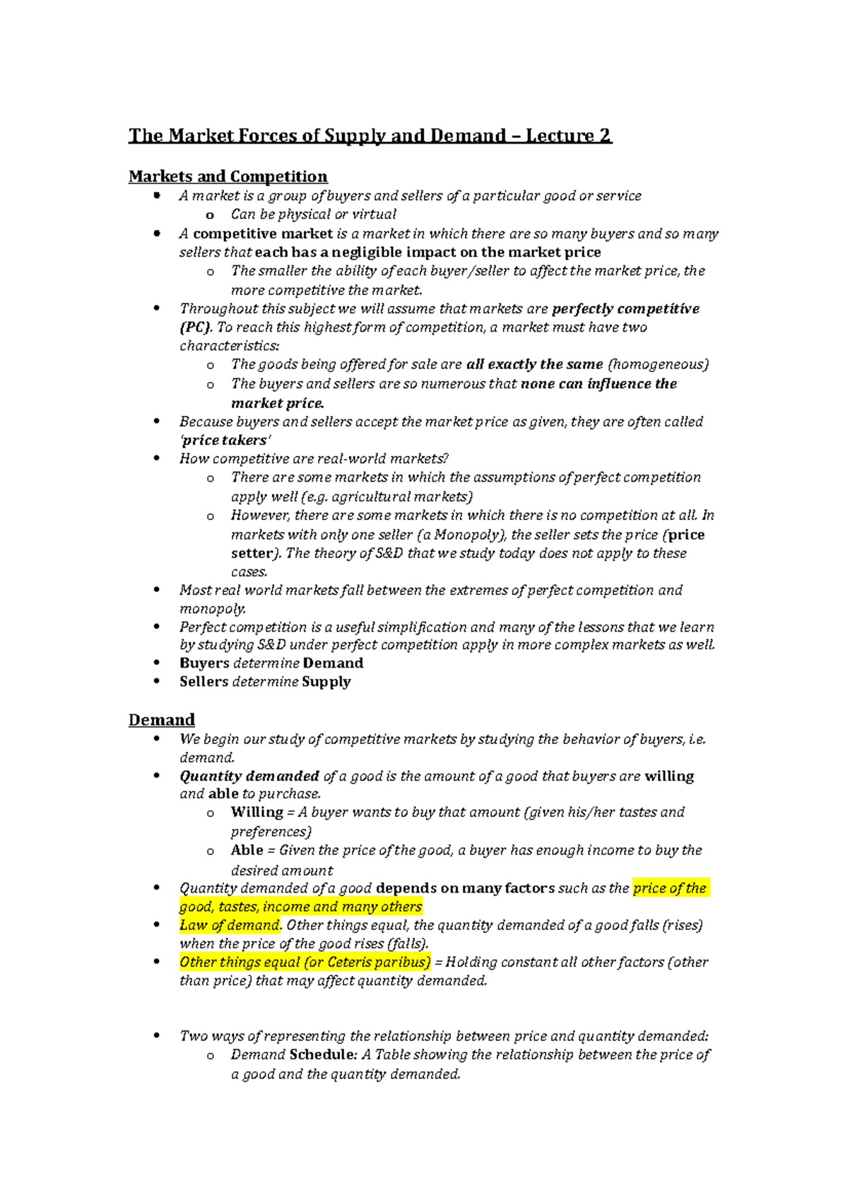 The Market Forces of Supply and Demand – Lecture 2 - Throughout this ...