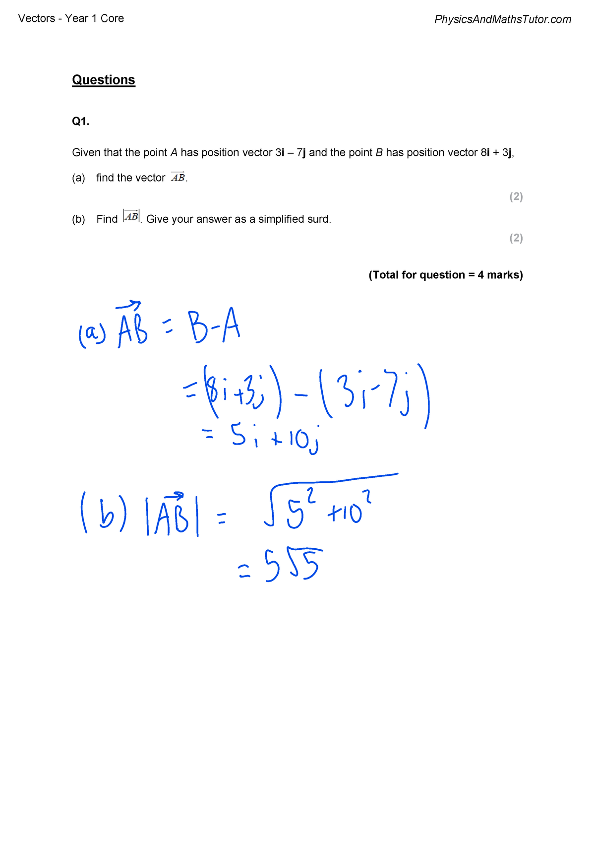 Vectors QP + MS - Questions Q1. Given That The Point A Has Position ...