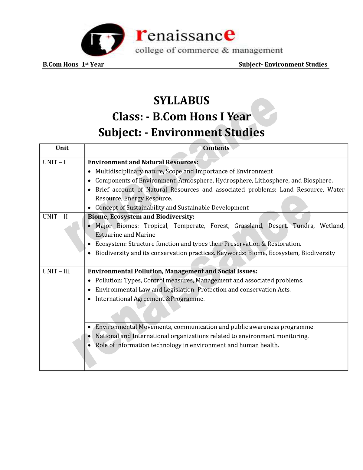 Environment Studies-1 - SYLLABUS Class: - B Hons I Year Subject ...