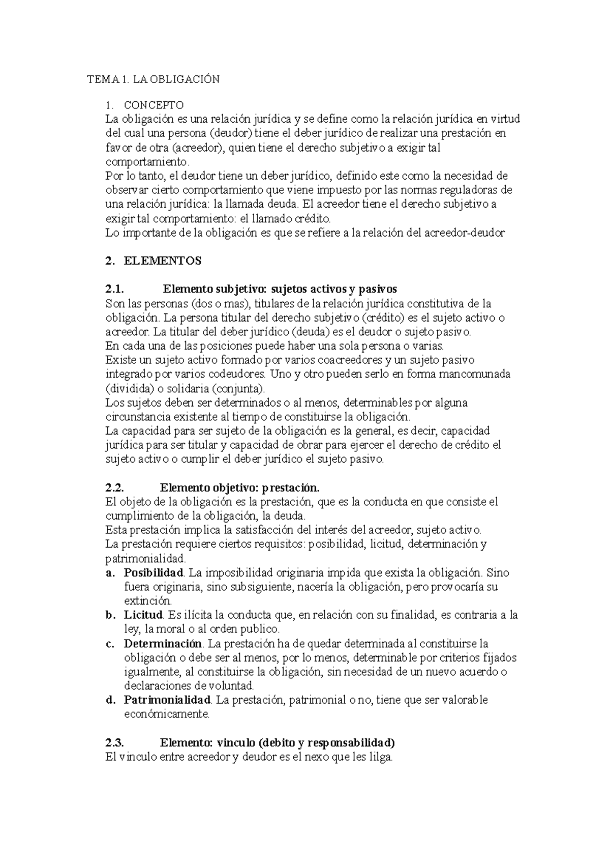 TEMA 1 - Apuntes 1 - TEMA 1. LA OBLIGACIÓN CONCEPTO La obligación es ...