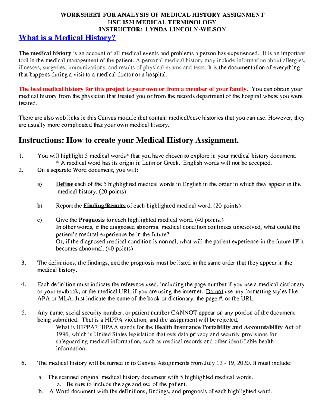 Worksheet for Analysis of Medical Hist Assign Online 2020 WORKSHEET