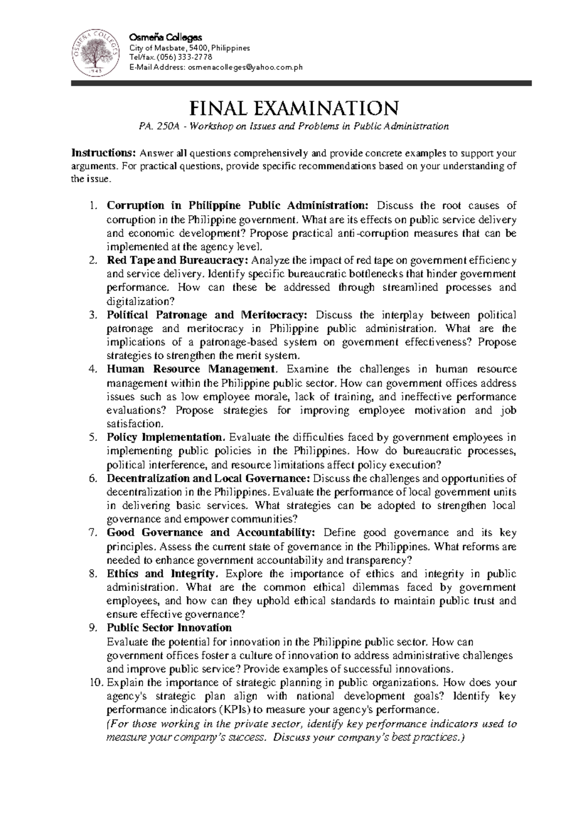 PA 250 Final Examination - PA. 250A - Workshop on Issues and Problems ...