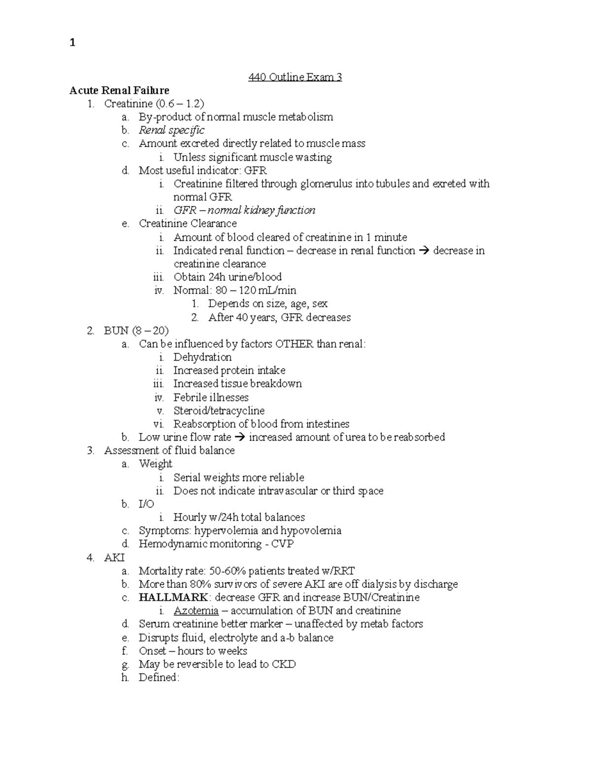 440 Outline Exam 3 - med surg - 440 Outline Exam 3 Acute Renal Failure ...