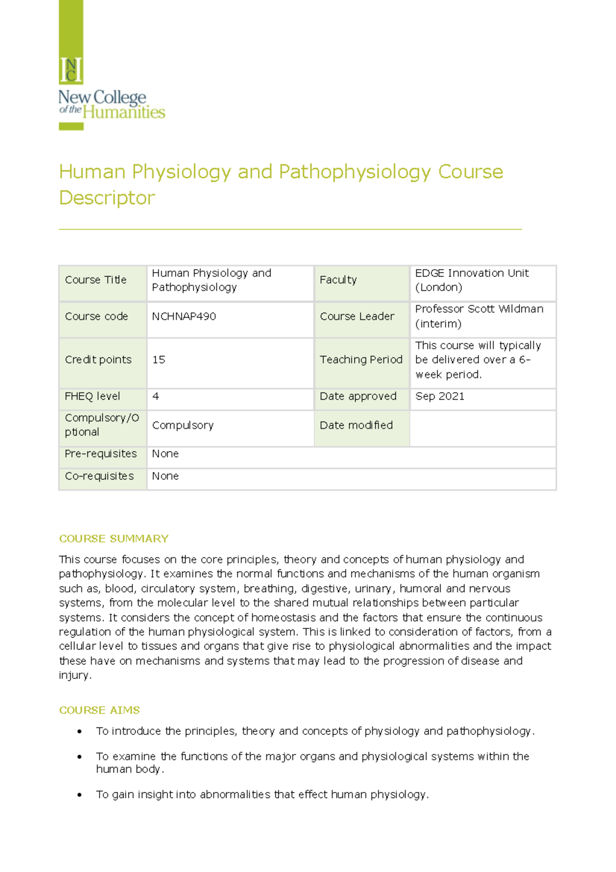 1 - Pharm - Human Physiology and Pathophysiology Course Descriptor ...