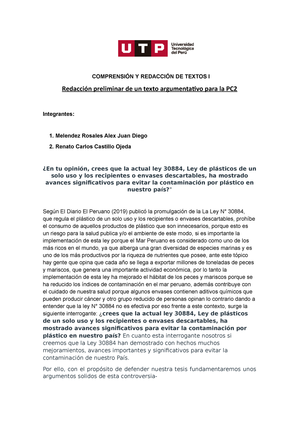 Redacción Preliminar De Un Texto Argumentativo Para La Pc2 ComprensiÓn Y RedacciÓn De Textos I 6533