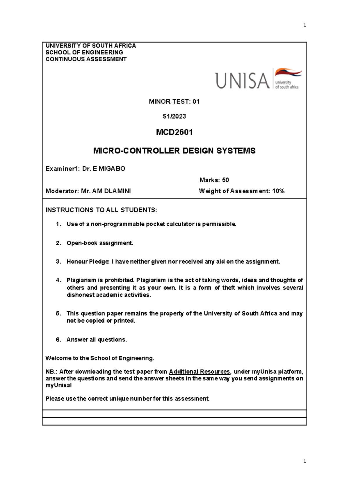 Minor TEST 1 1 1 UNIVERSITY OF SOUTH AFRICA SCHOOL OF ENGINEERING