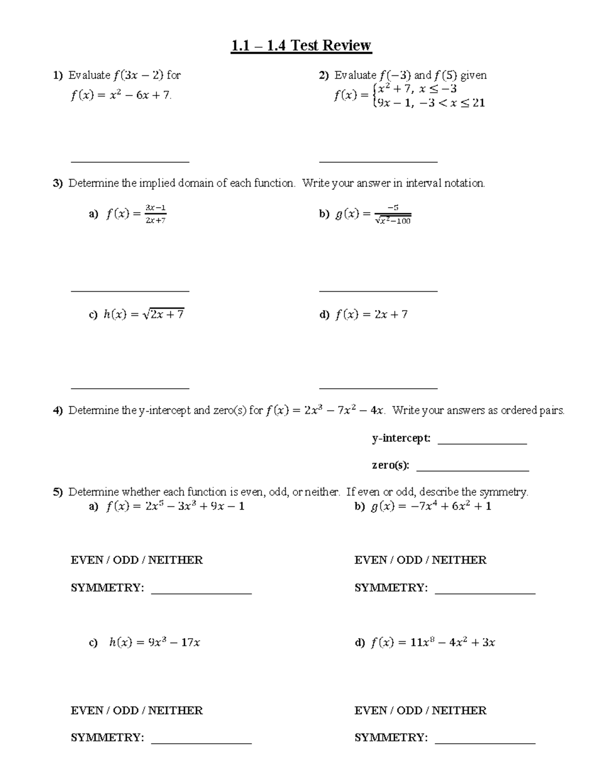 1.1-1.4 Test Review - Math problem - 1 – 1 Test Review Evaluate 𝑓 ( 3 𝑥 ...