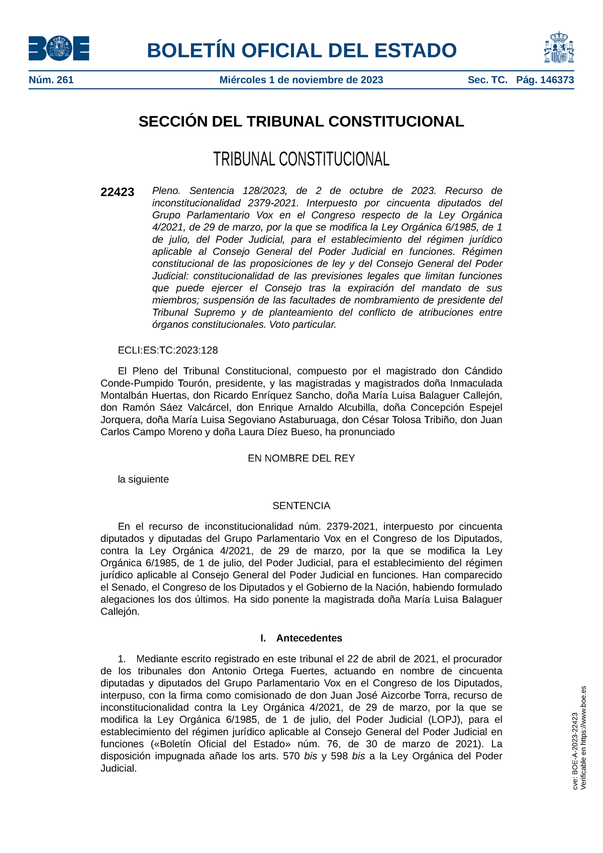 BOE A 2023 22423 - Presen - SECCIÓN DEL TRIBUNAL CONSTITUCIONAL ...