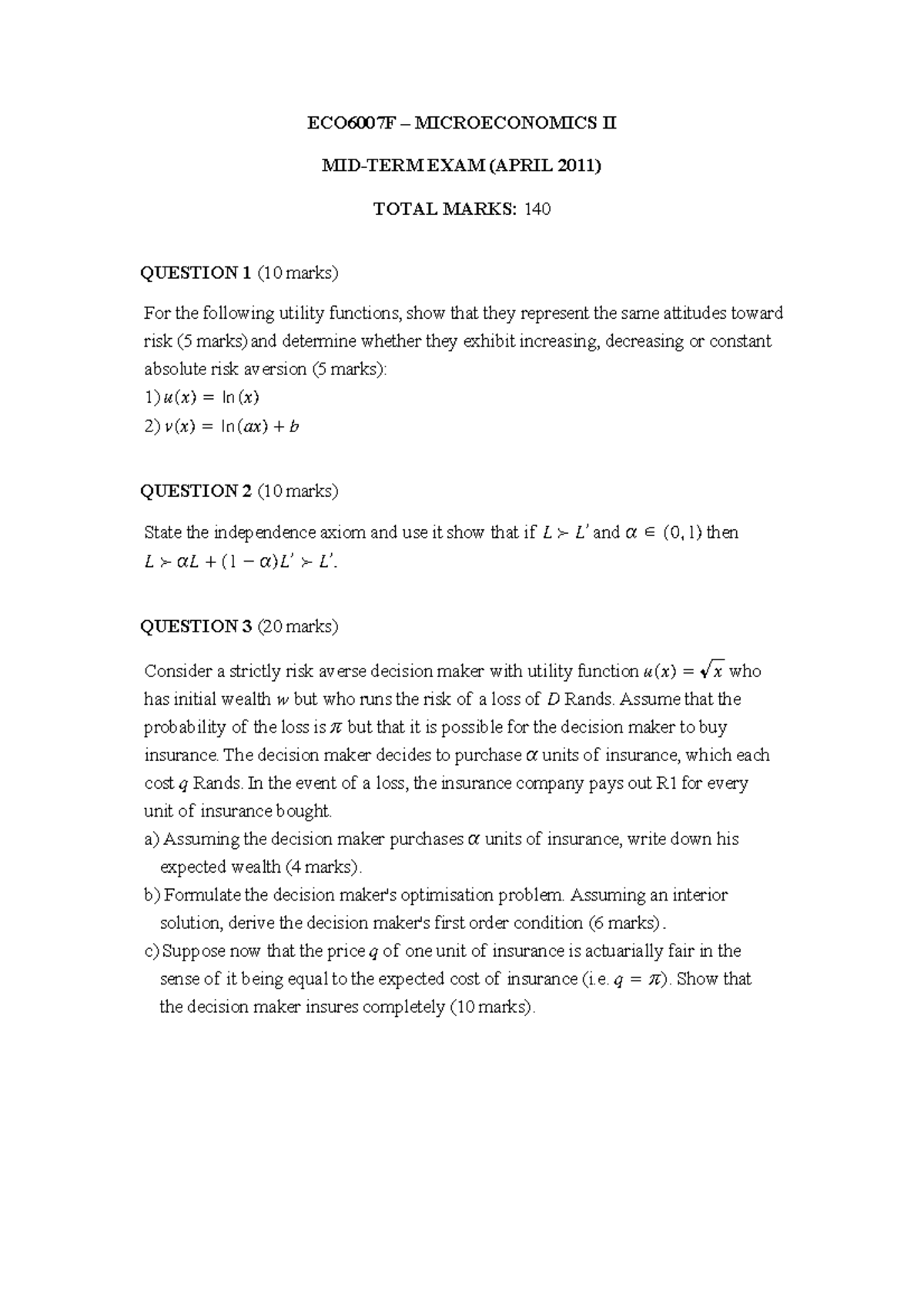 Mid Exam April 2011 Questions Eco6007f Microeconomics Ii Mid Term