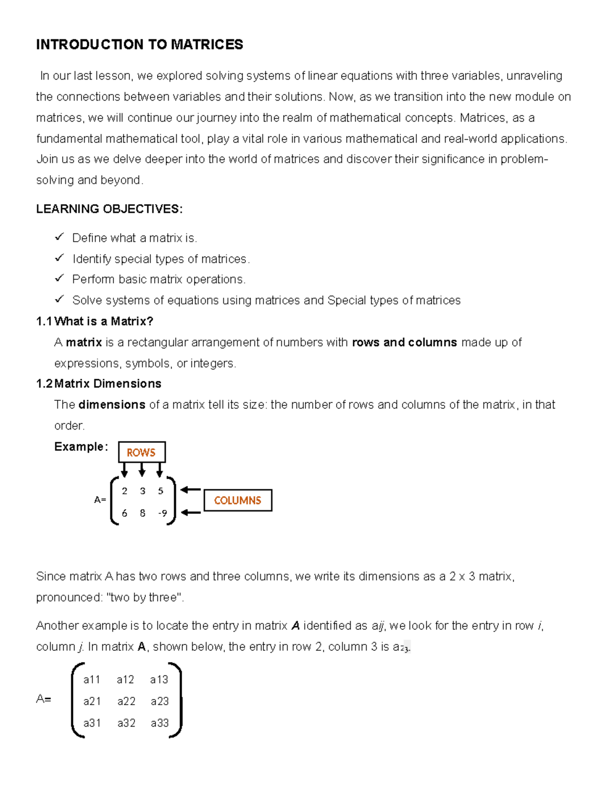 Introduction-TO- Matrices - INTRODUCTION TO MATRICES In our last lesson ...