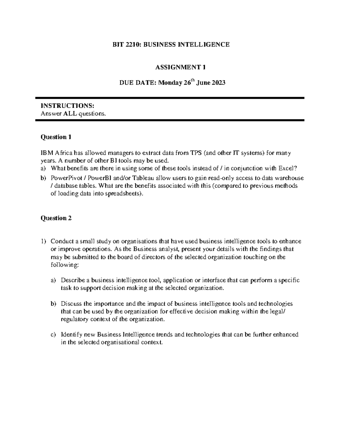 Business Intelligence Assignment 1 mandatory - BIT 2210: BUSINESS ...