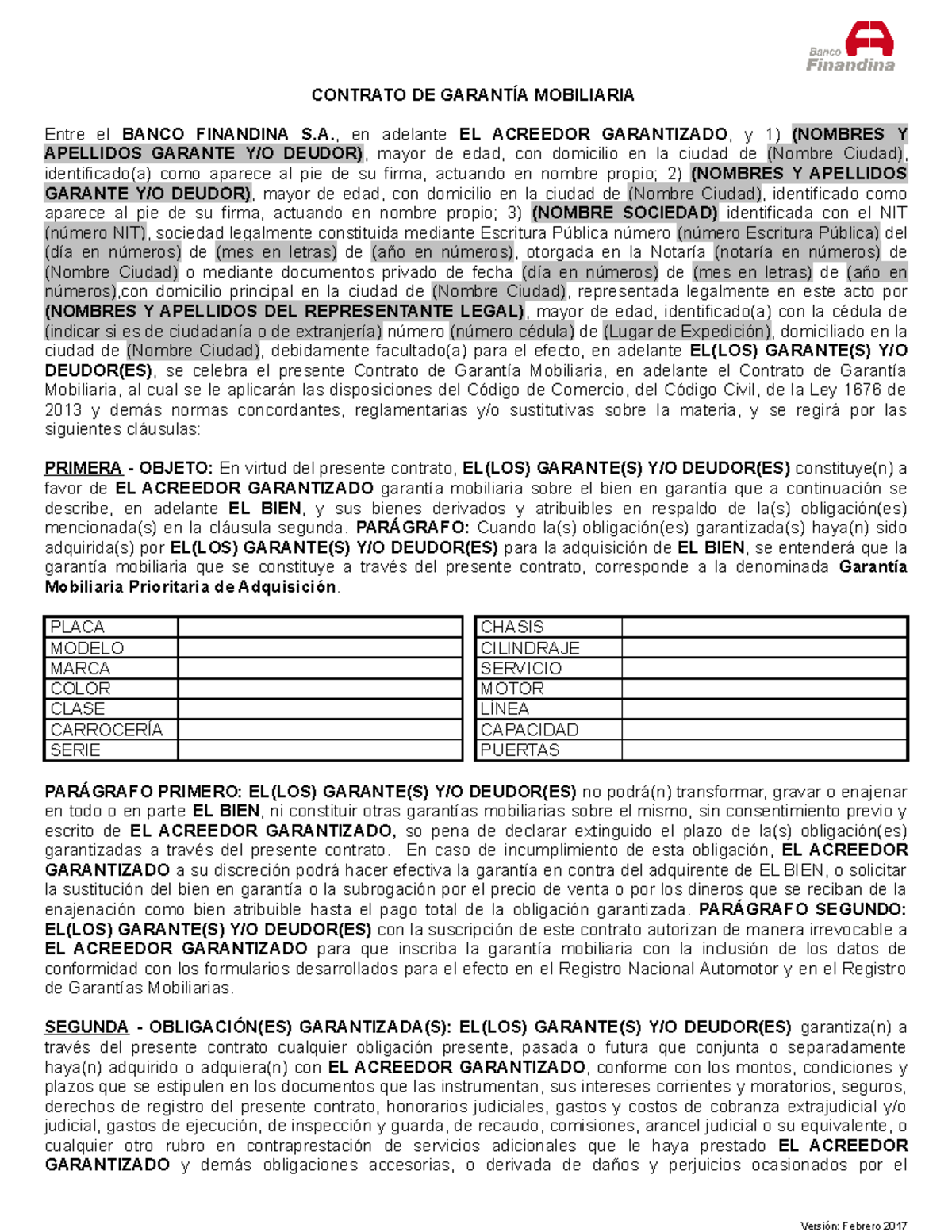 Modelo Contrato De Garantia Mobiliaria Octubre 2018 Contrato De