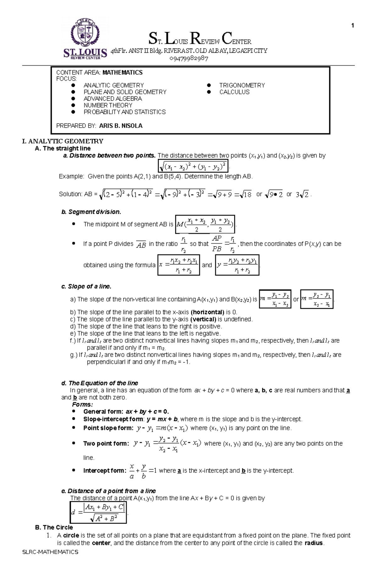 MATH- Notes-1 - Notes - ST. LOUIS REVIEW CENTER 4thFlr. ANST II Bldg ...