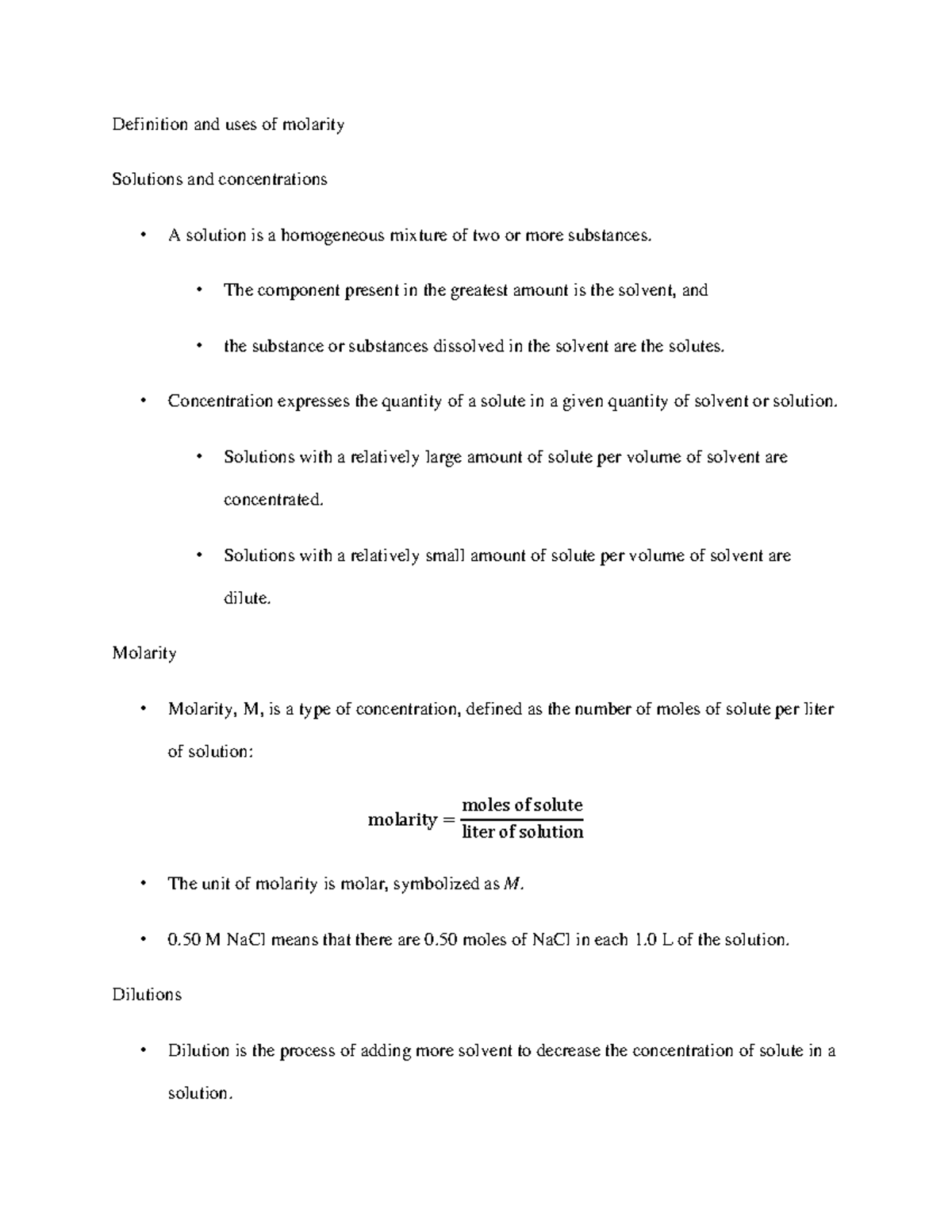 Definition and uses of molarity - Definition and uses of molarity