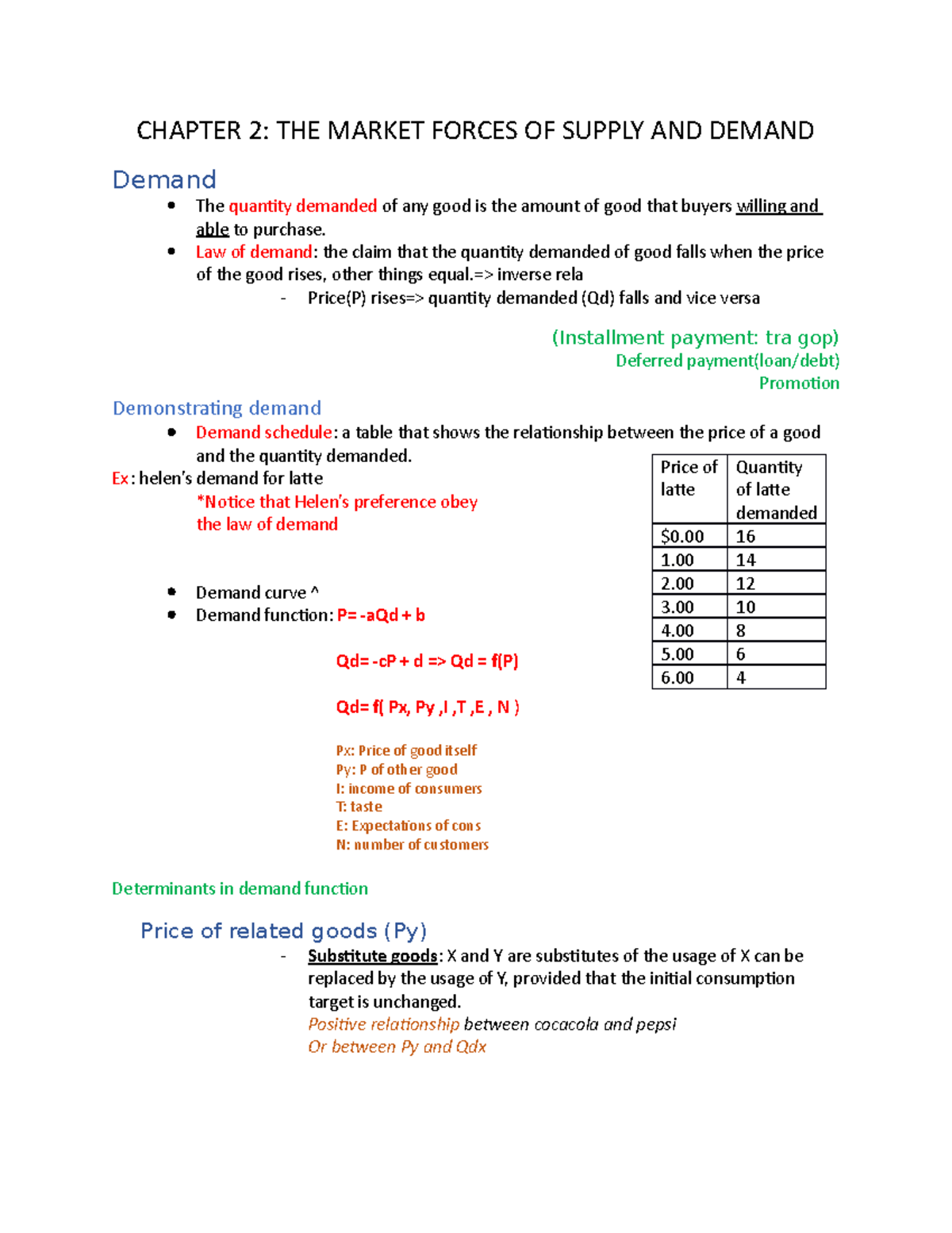 Micro econ - CHAPTER 2: THE MARKET FORCES OF SUPPLY AND DEMAND Demand ...