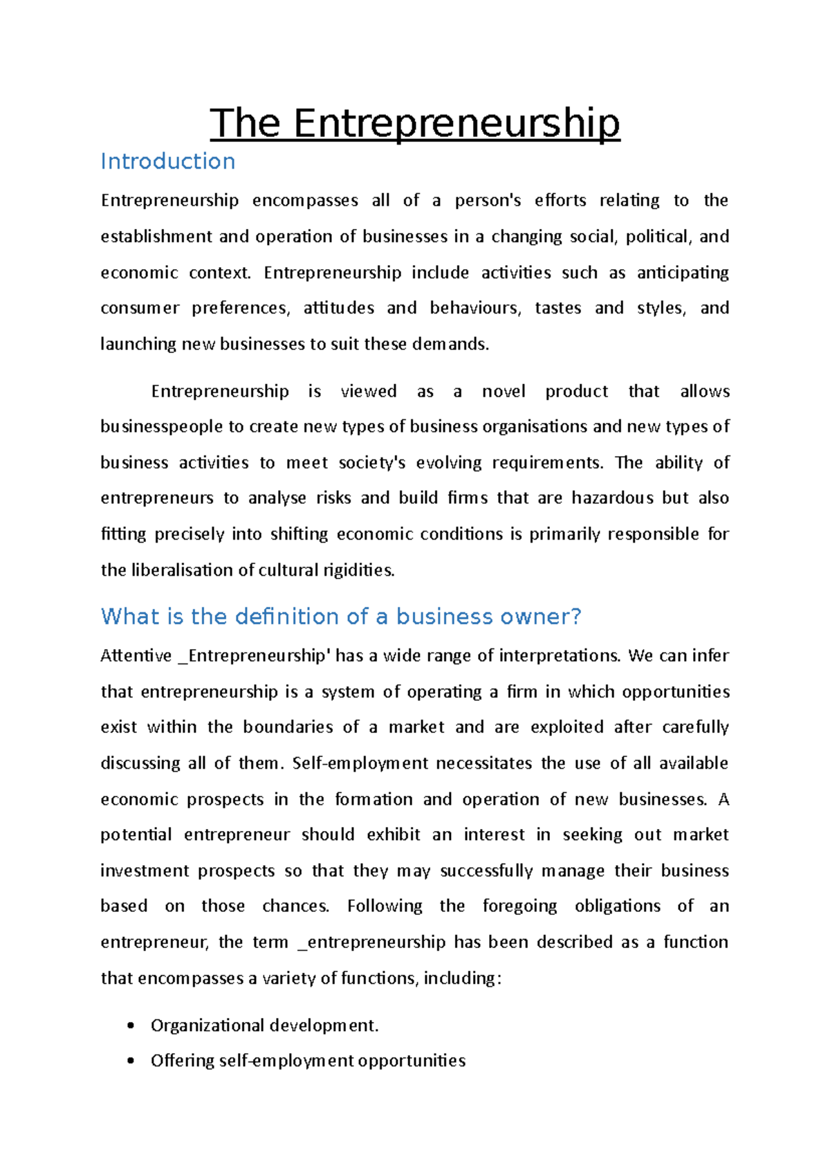 Note on The Entrepreneurship - The Entrepreneurship Introduction ...