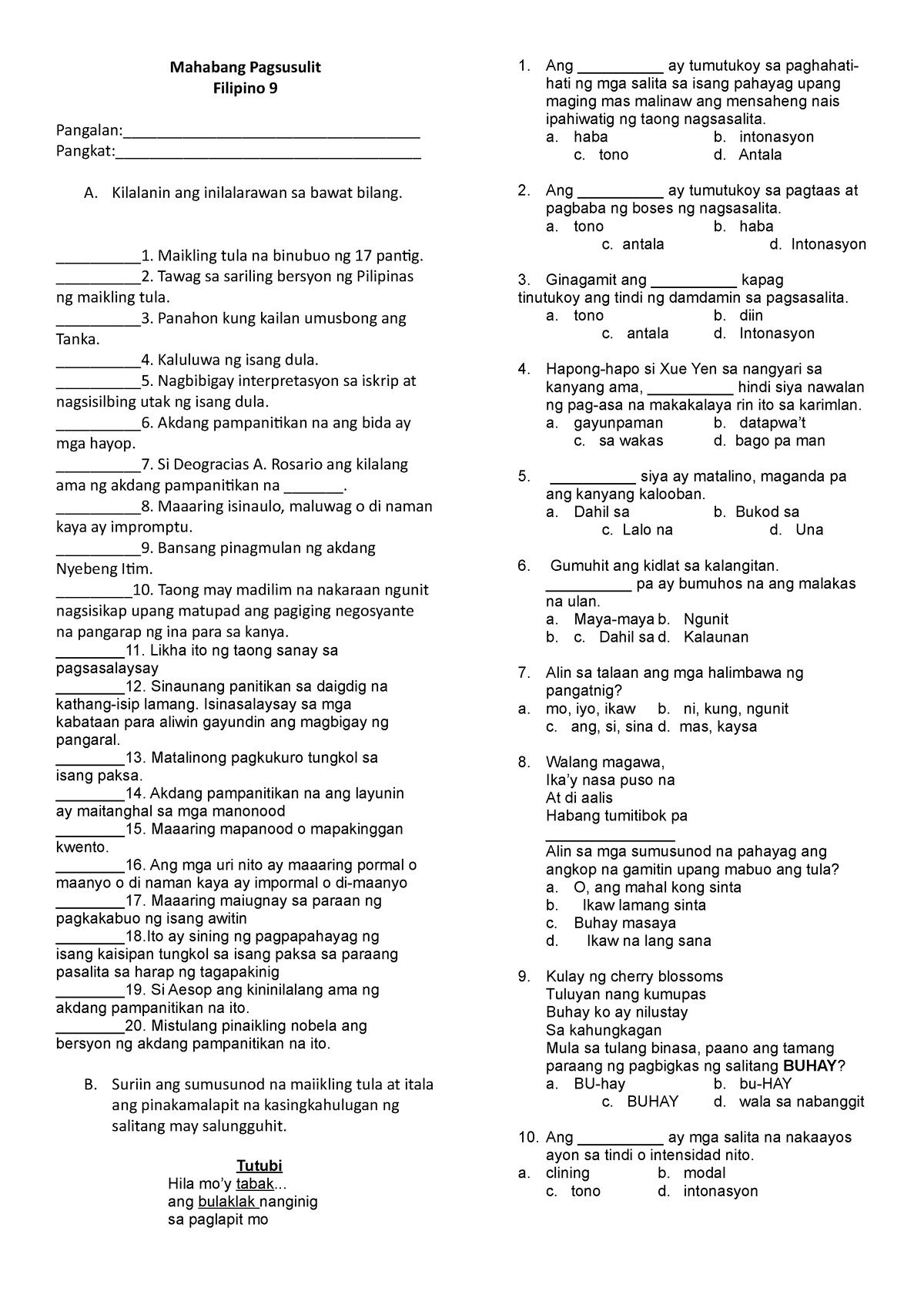 Fil 9 Long Quiz 2nd Quarter - Mahabang Pagsusulit Filipino 9 - Studocu