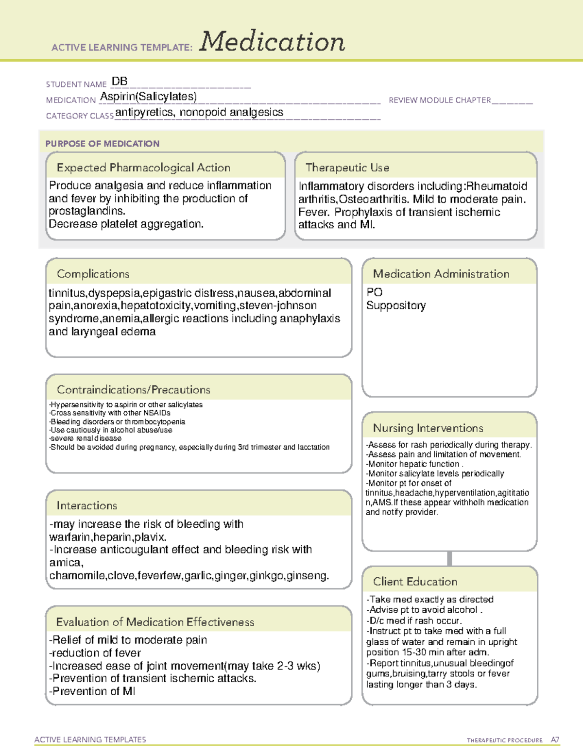 Aspirin week 3 drug card - ACTIVE LEARNING TEMPLATES THERAPEUTIC ...