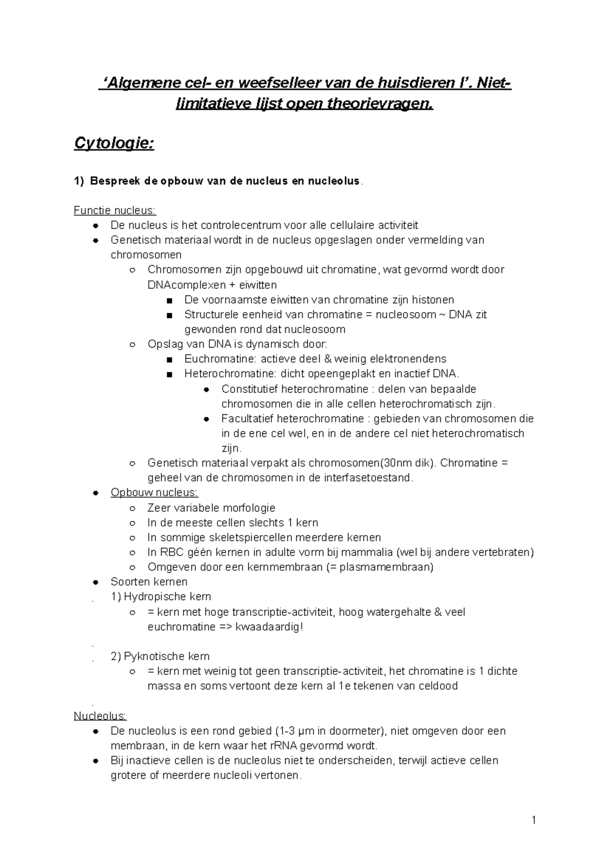 ‘Algemene Cel- En Weefselleer Van De Huisdieren I’ - Niet- Limitatieve ...