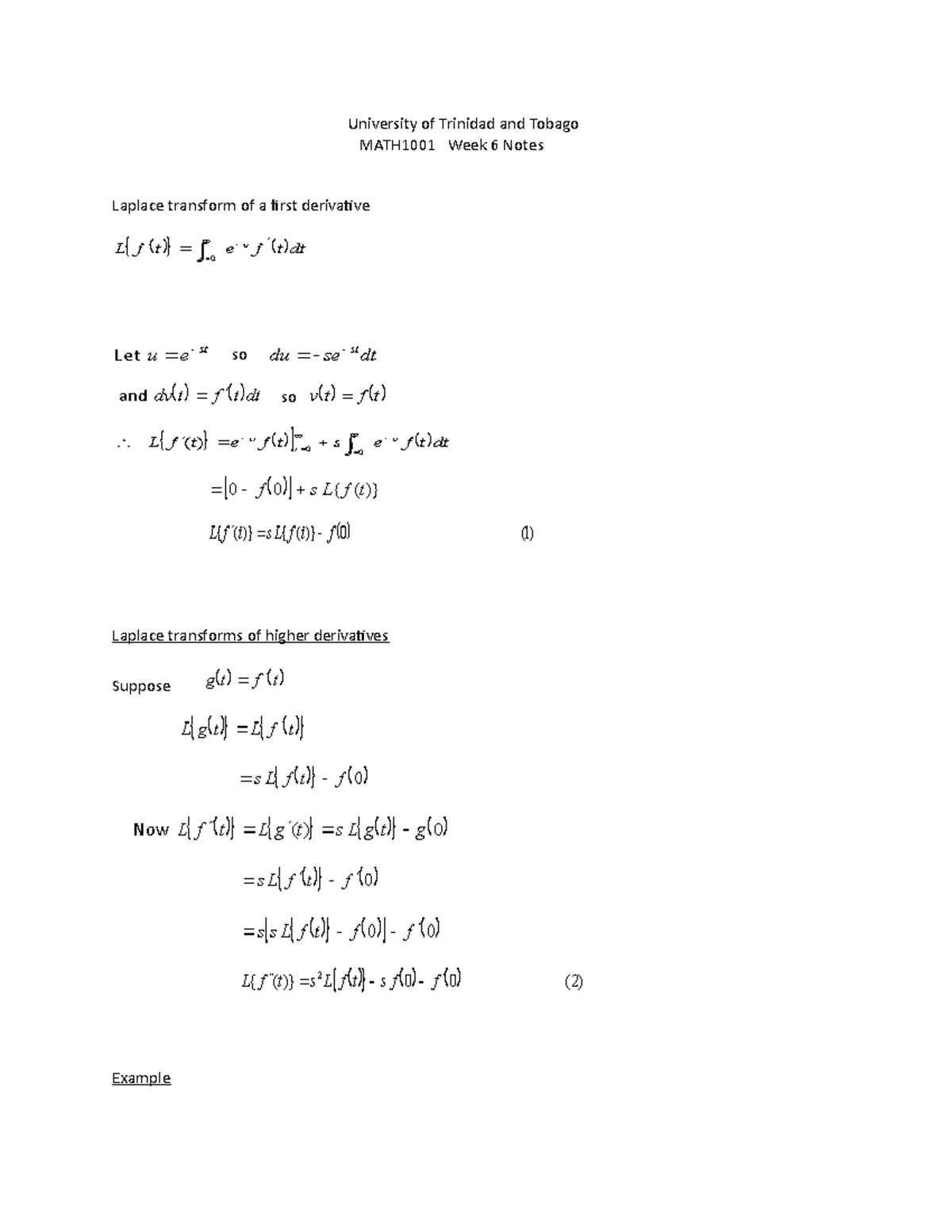 UTT MATH1001 Week 6 Notes - University of Trinidad and Tobago MATH1001 ...