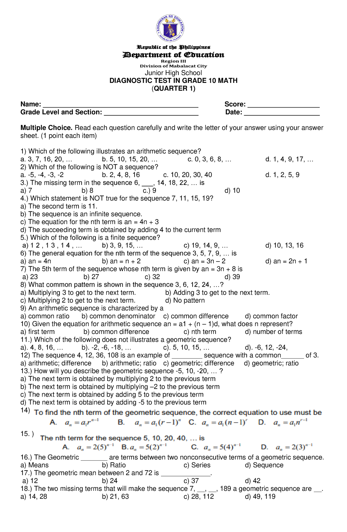 Diagnostic TEST IN MATH 10 Q1 For Printing Junior High School 