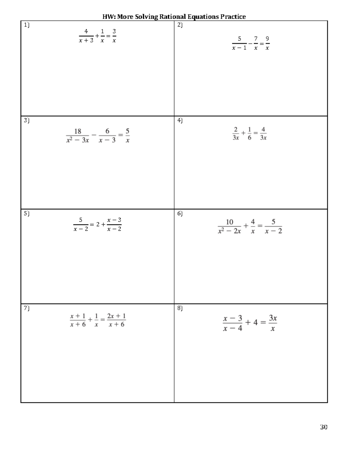 Solve Rational worksheet - 30 HW: More Solving Rational Equations ...