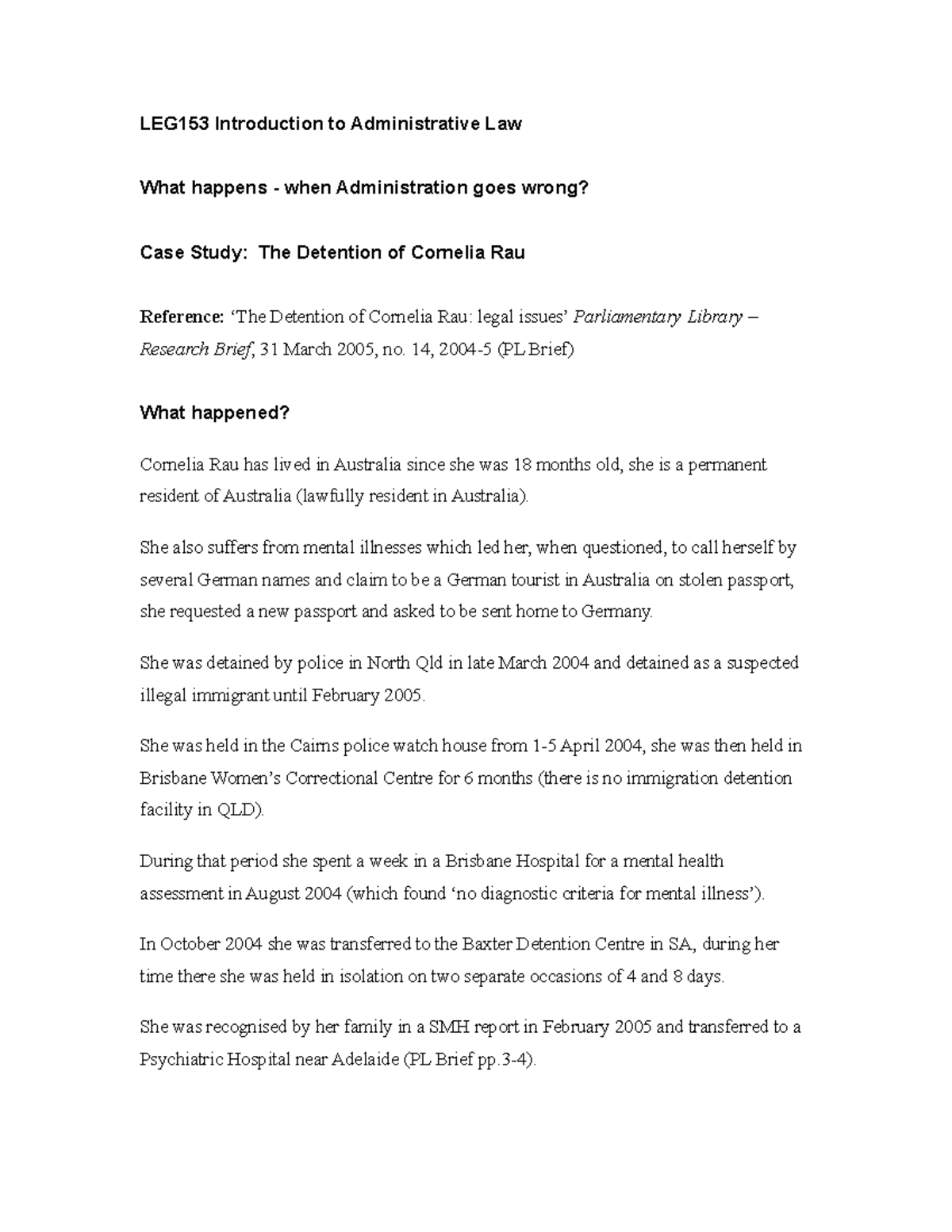 The Detention of Cornelia Rau - 14, 2004-5 (PL Brief) What happened ...