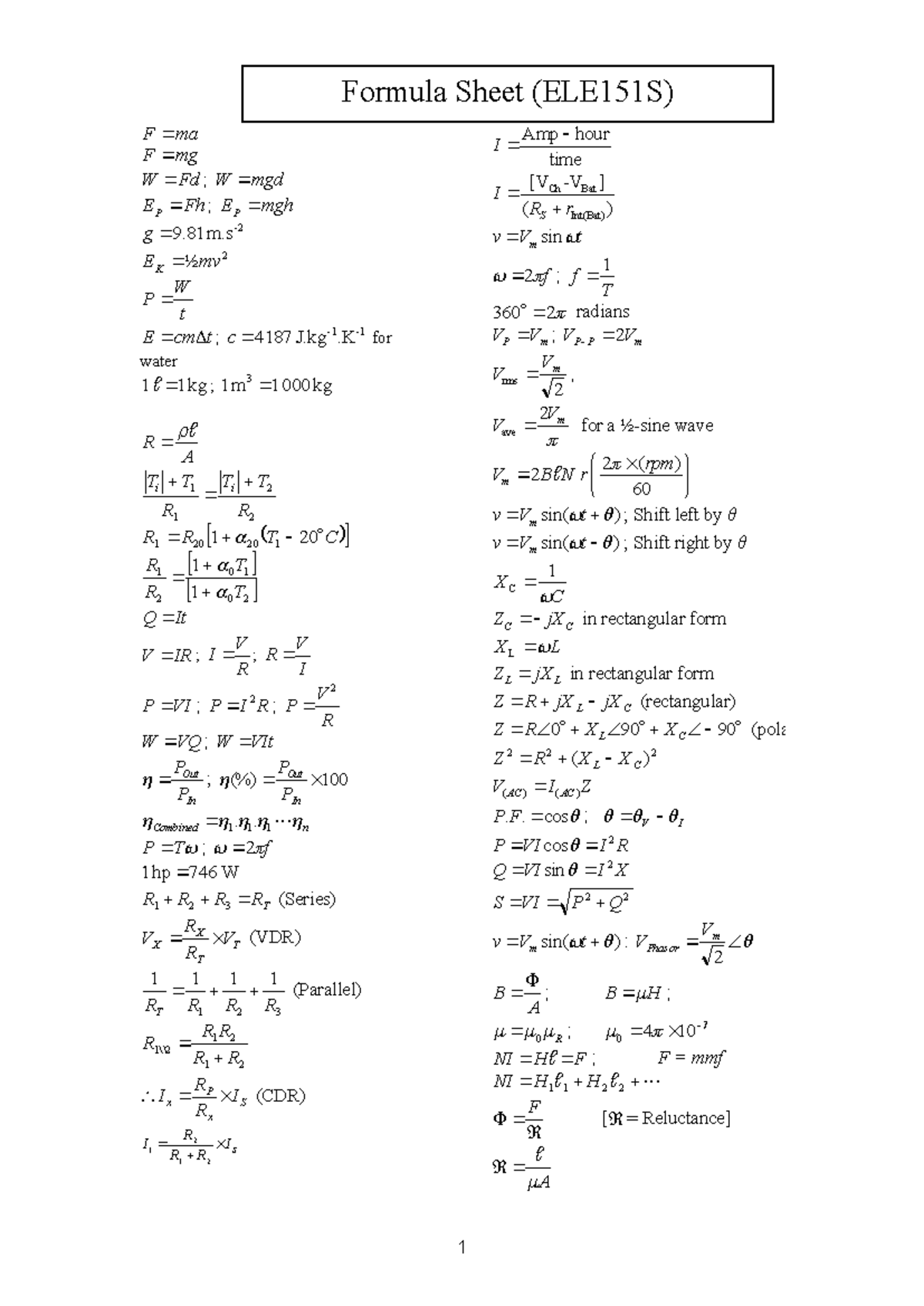 Formula Sheet A - Help - F ma F mg W Fd ; W mgd E Fh P ; E mgh P g 9 ...