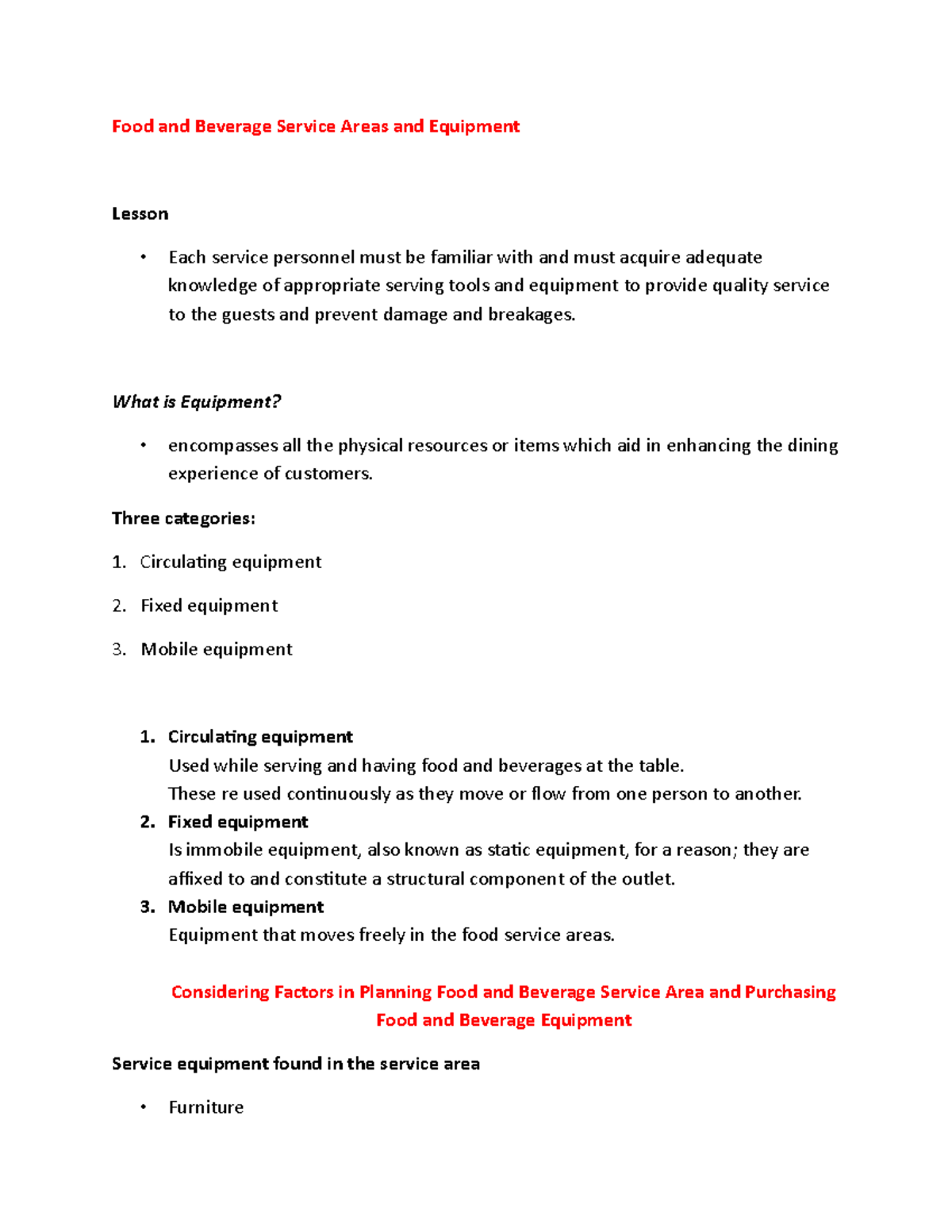 Food and Beverage Service Areas and Equipment Food and Beverage