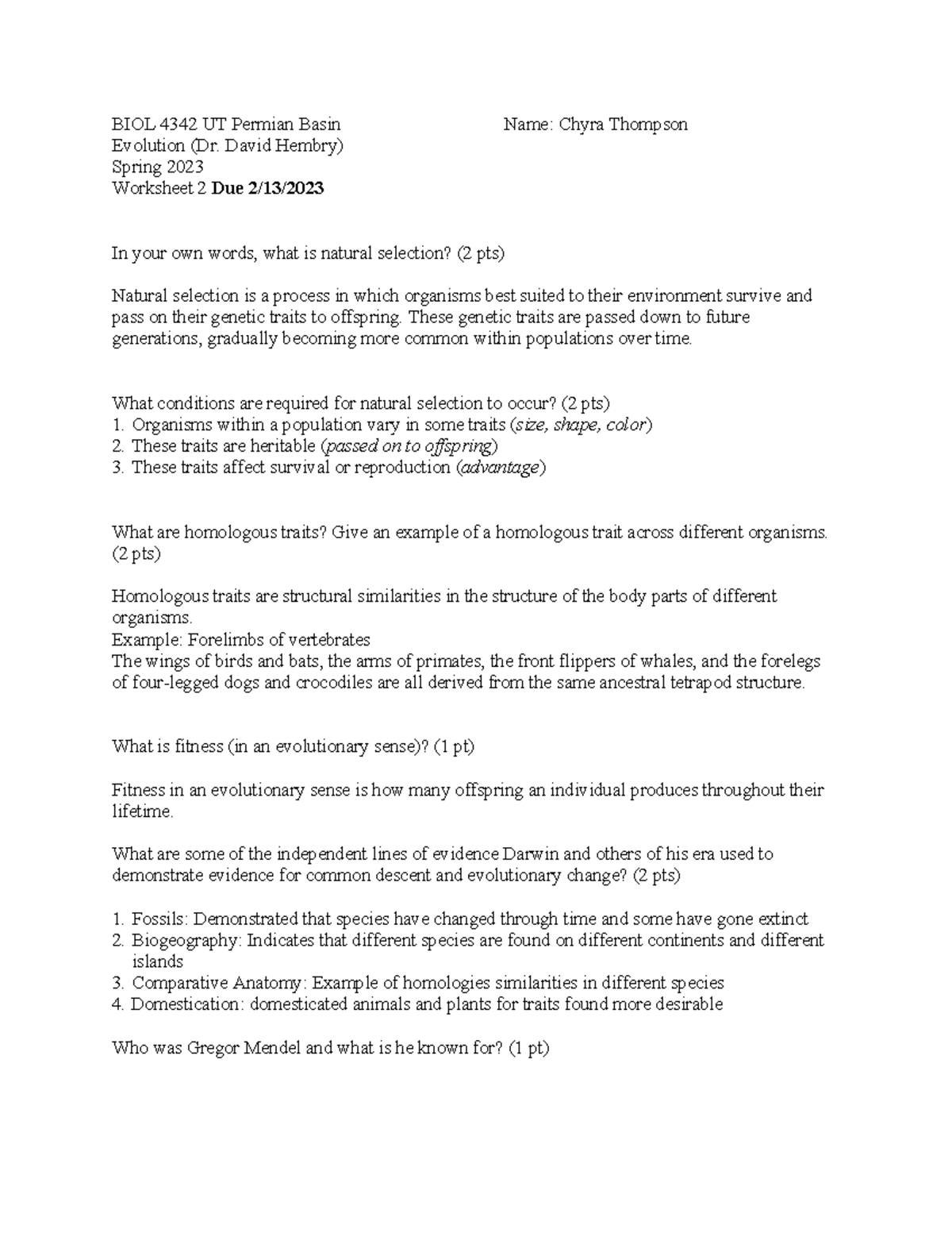 BIOL 4342 Worksheet 2-2 - BIOL 4342 UT Permian Basin Name: Chyra ...
