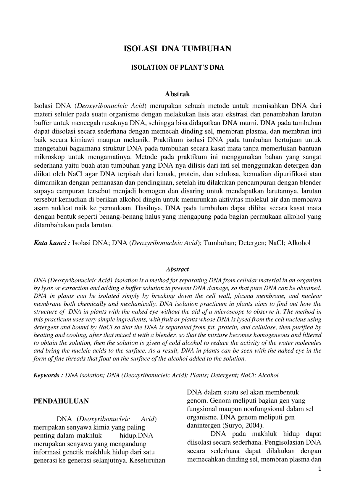 Laporan Praktikum Isolasi DNA Tumbuhan - ISOLASI DNA TUMBUHAN ISOLATION ...