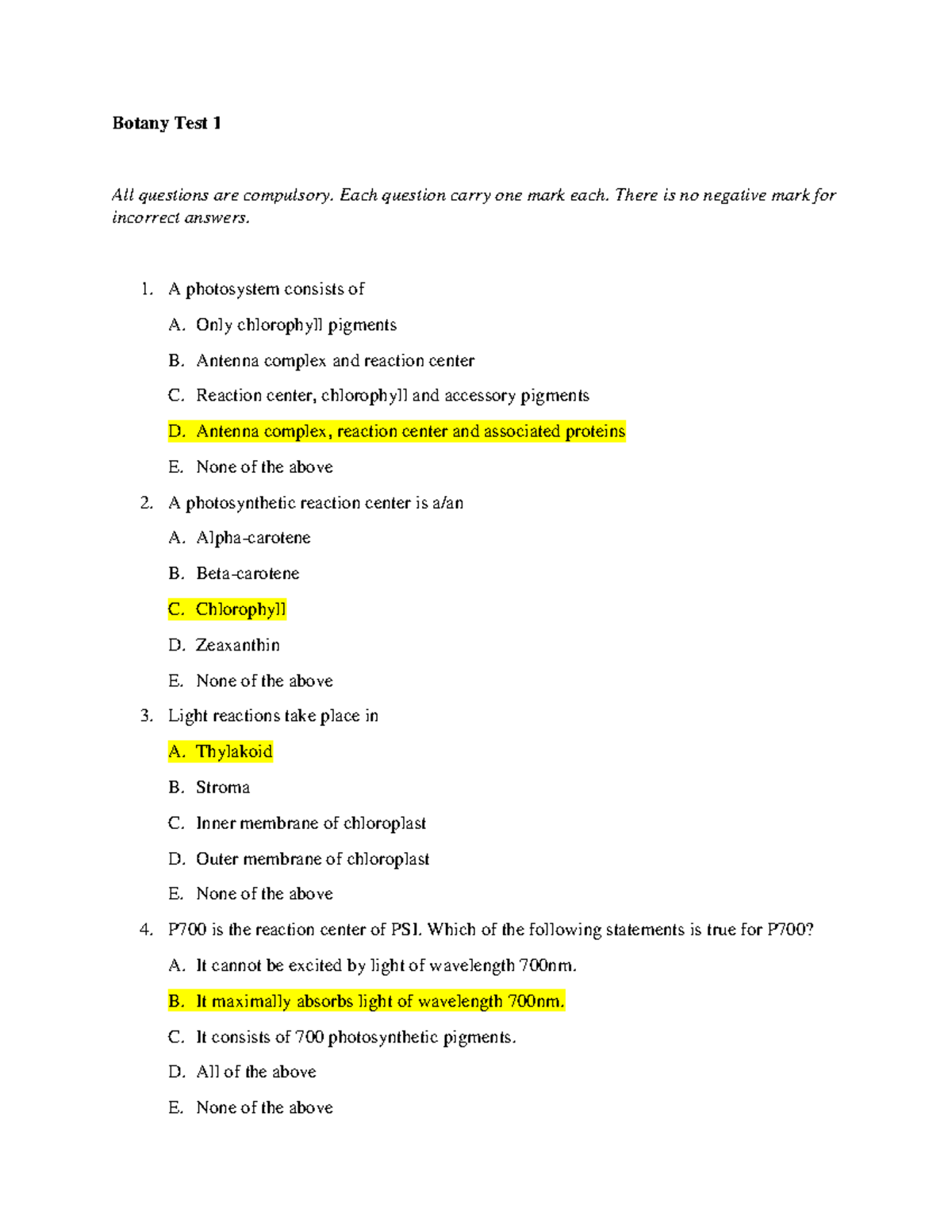 Botany Test 1 (Photosynthesis) Answer key Botany Test 1 All questions